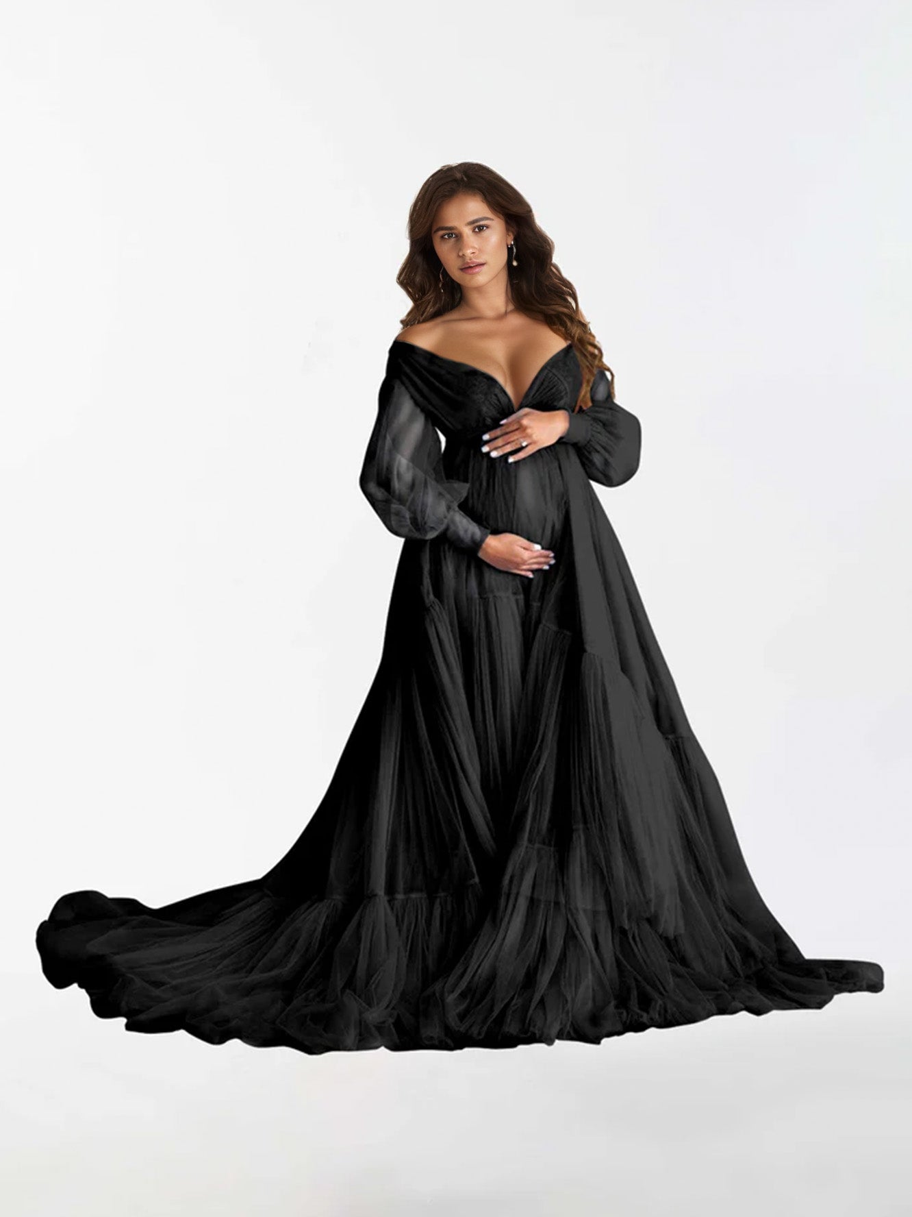 Robe de maternité à manches longues à volants et col en V pour la photographie RB3