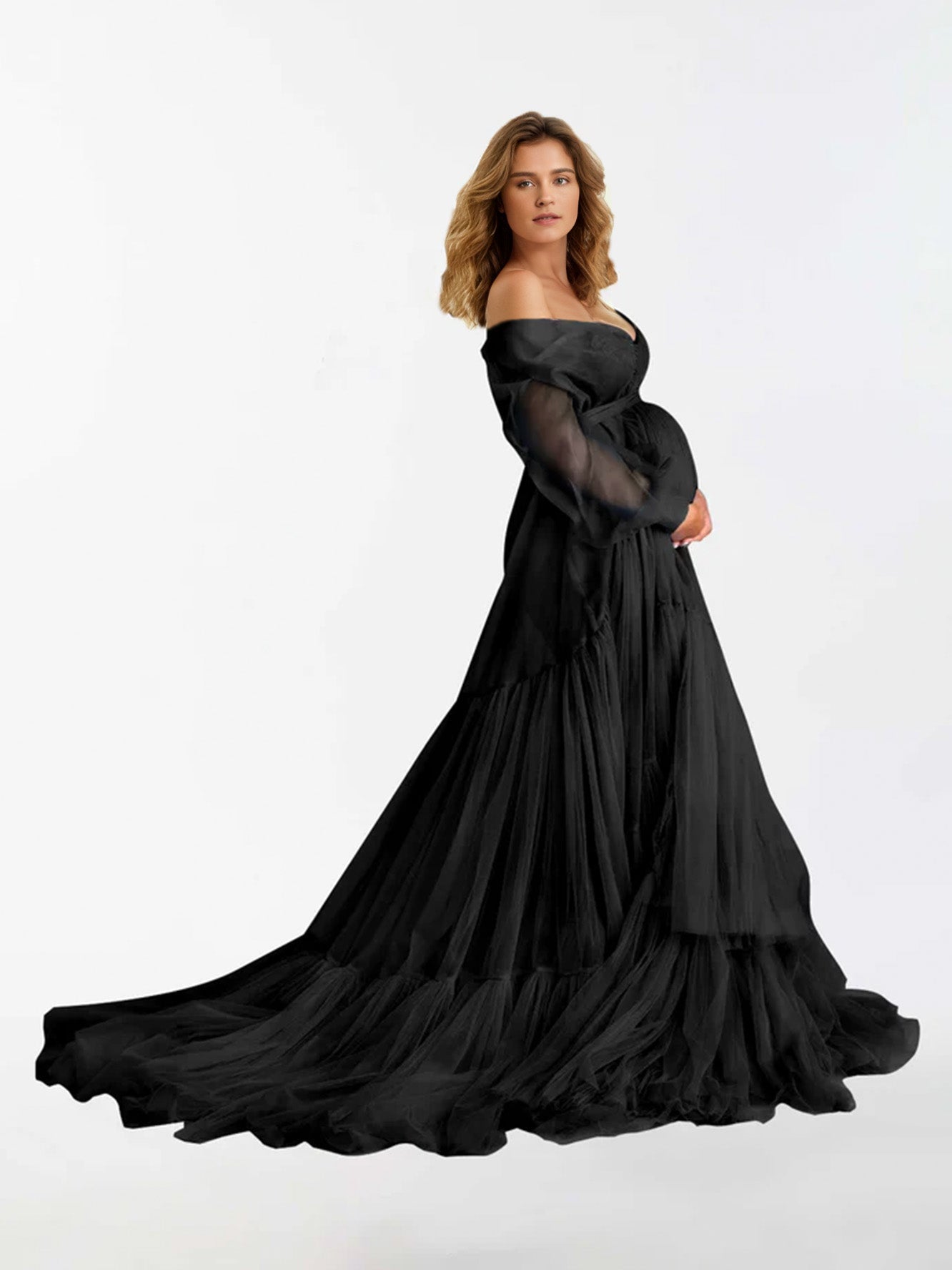 Robe de maternité à manches longues à volants et col en V pour la photographie RB3