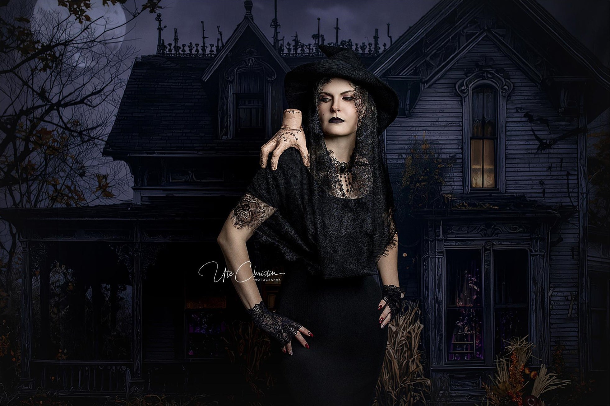 Toile de fond Halloween Maison Hantée Pleine Lune Nuit Effrayante Halloween MRR9-38