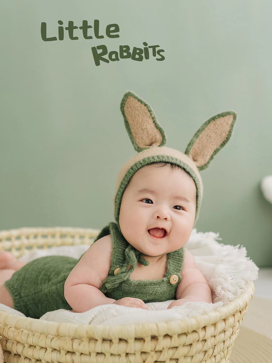 Nouveau-né Tricot Laine Vert Bavoir Pantalon Oreilles de Lapin Chapeau Ensemble CL4