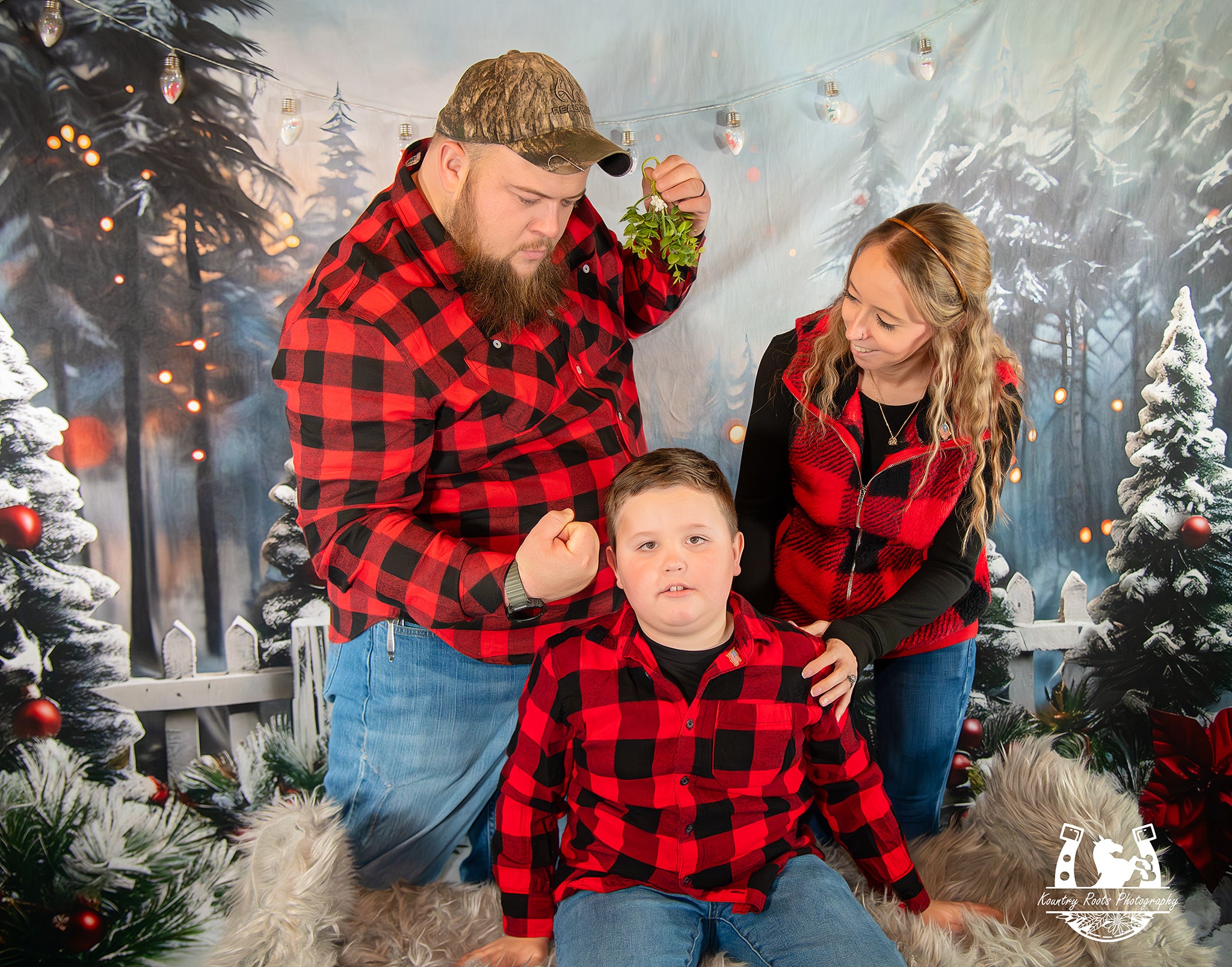 Toile de Fond de Forêt Enneigée de Noël + Sol en Bois Classique RR8-571