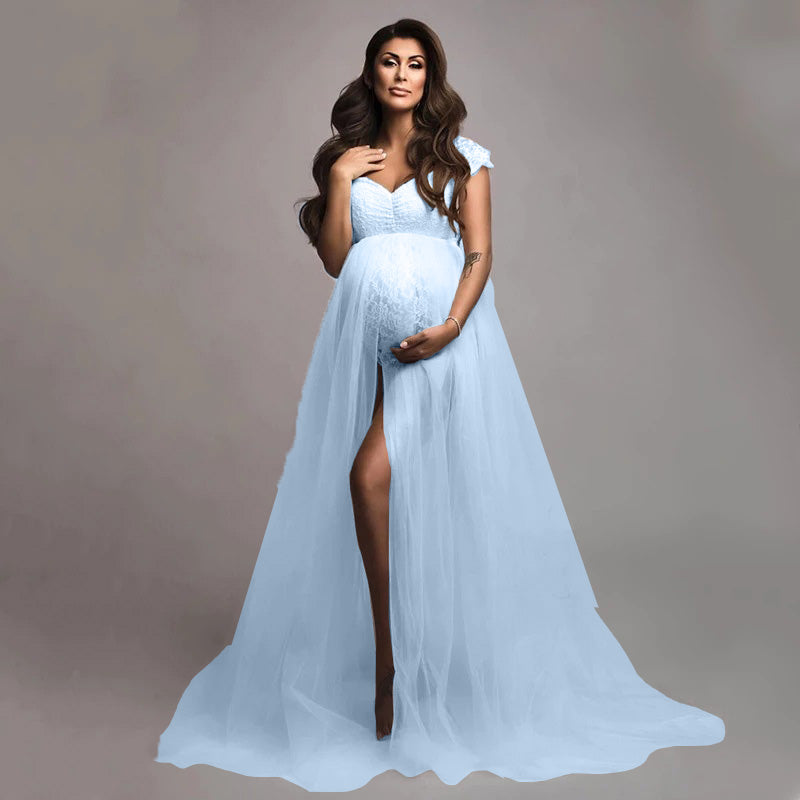Robe de Photographie de Maternité en Dentelle à Manches Courtes et en Maille RB9