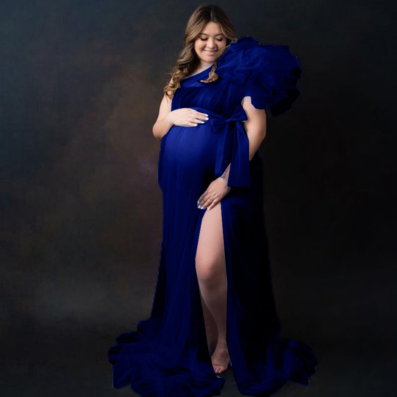 Robe de Maternité en Tulle Floral à une Épaule avec Fente RB13