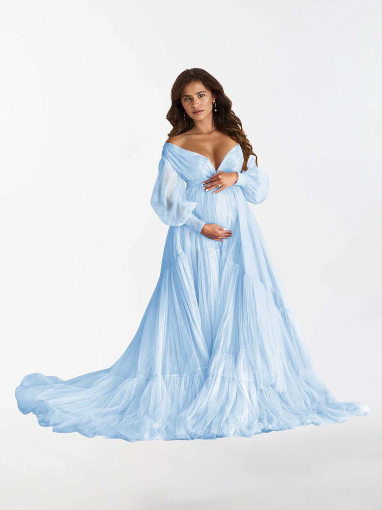Robe de maternité à manches longues à volants et col en V pour la photographie RB3