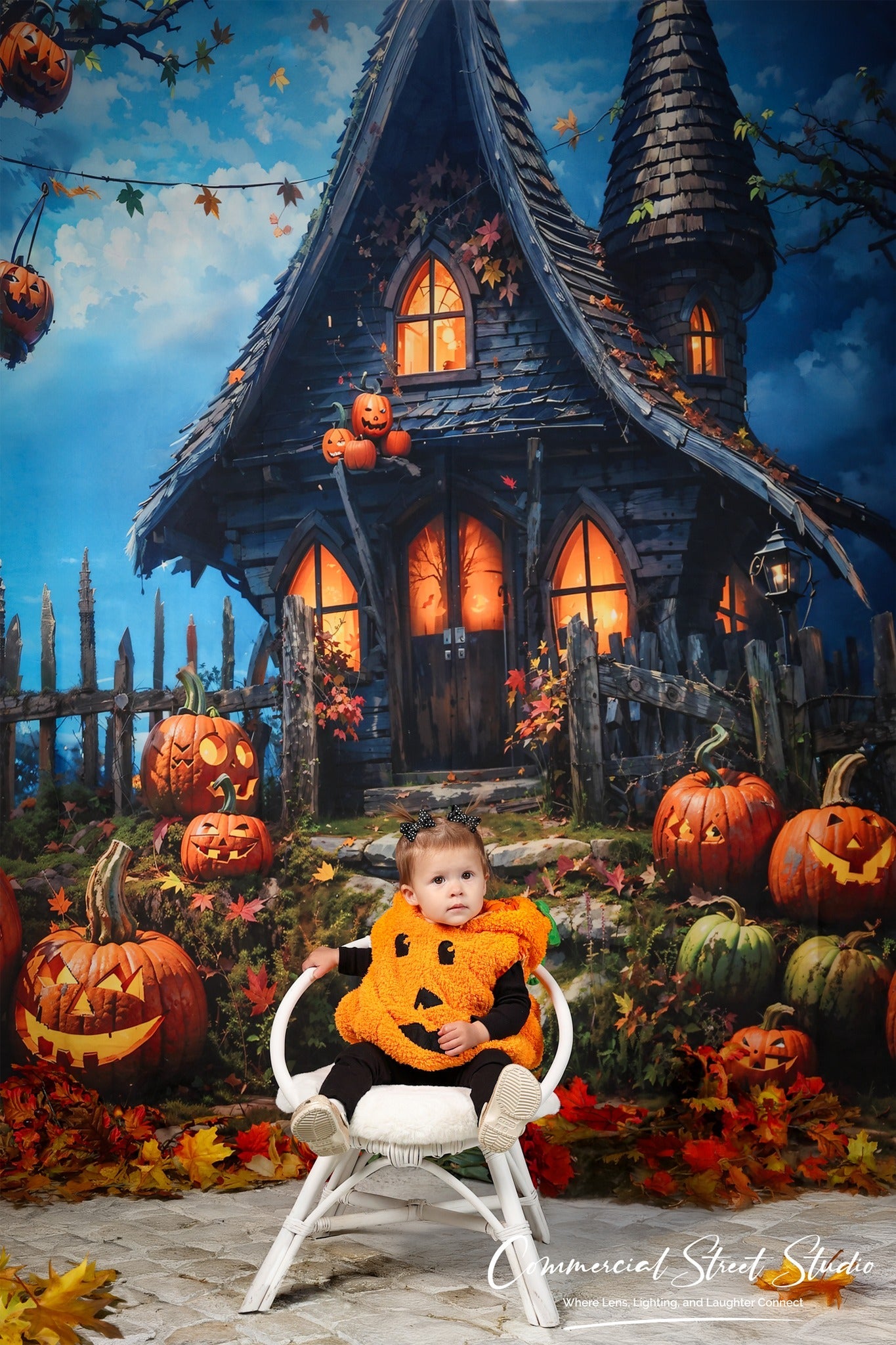 Toile de fond Halloween Chaumière Citrouilles Nuit Photo Halloween MRR9-68