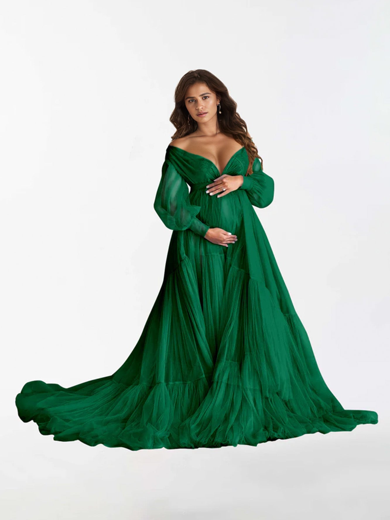 Robe de maternité à manches longues à volants et col en V pour la photographie RB3