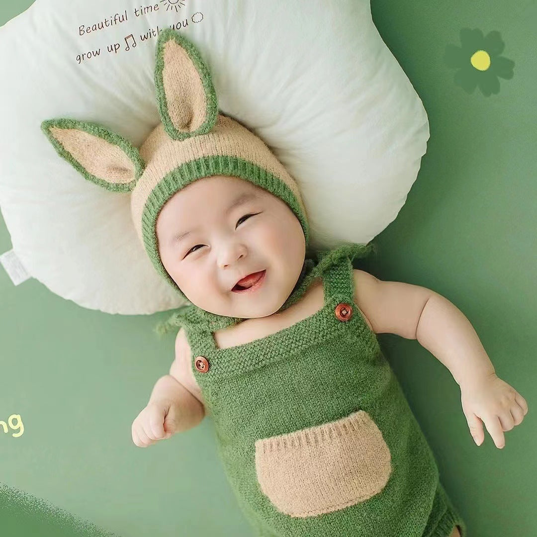 Nouveau-né Tricot Laine Vert Bavoir Pantalon Oreilles de Lapin Chapeau Ensemble CL4