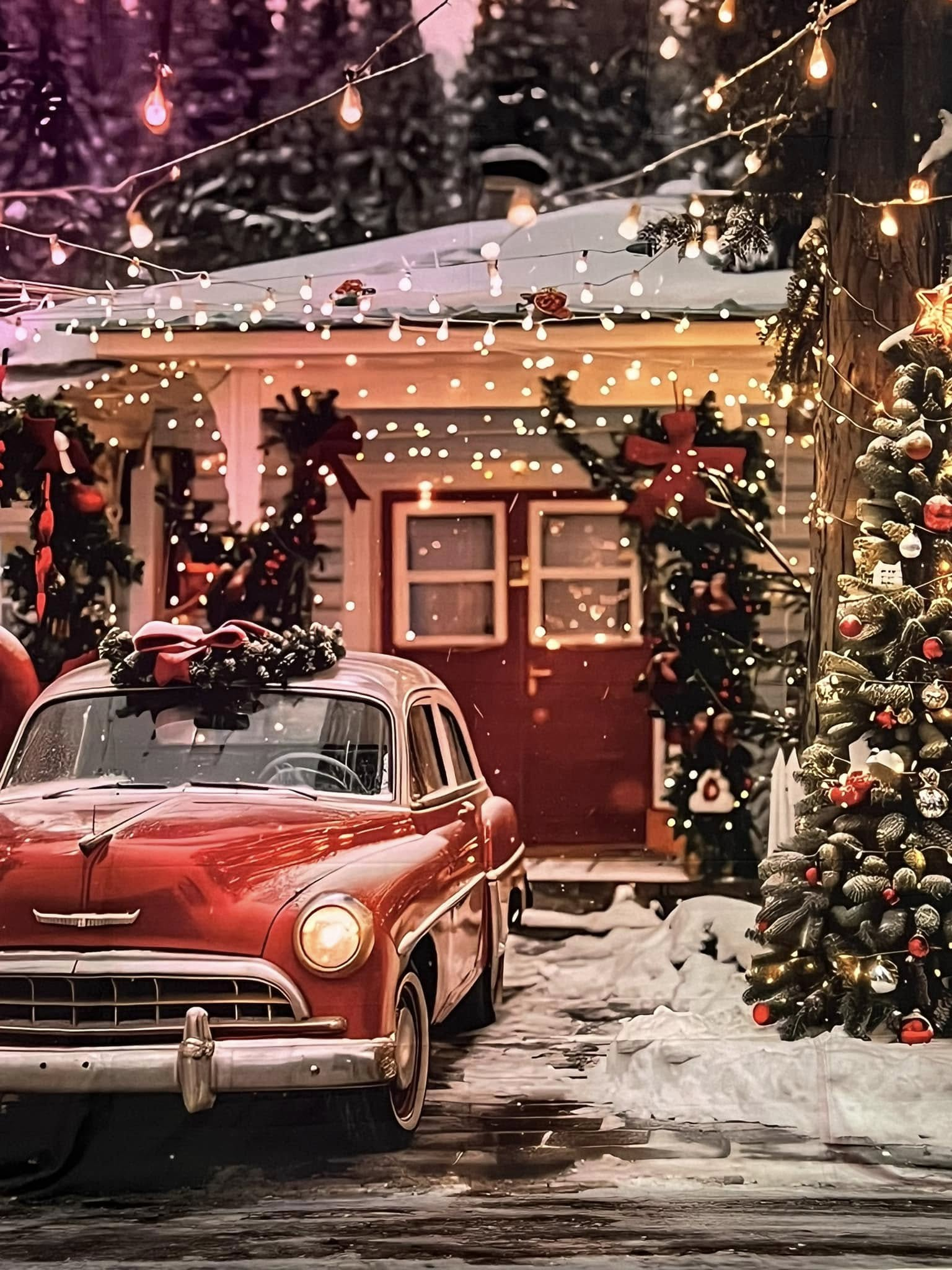 Toile de fond Maison de Noël avec voiture vintage rouge BRP9-43