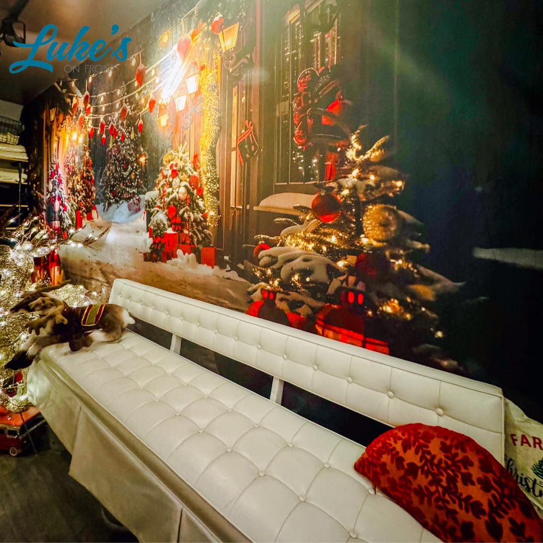 Toile de fond de Noël Allée de Village avec Arbres Décorés et Lanternes RR7-683