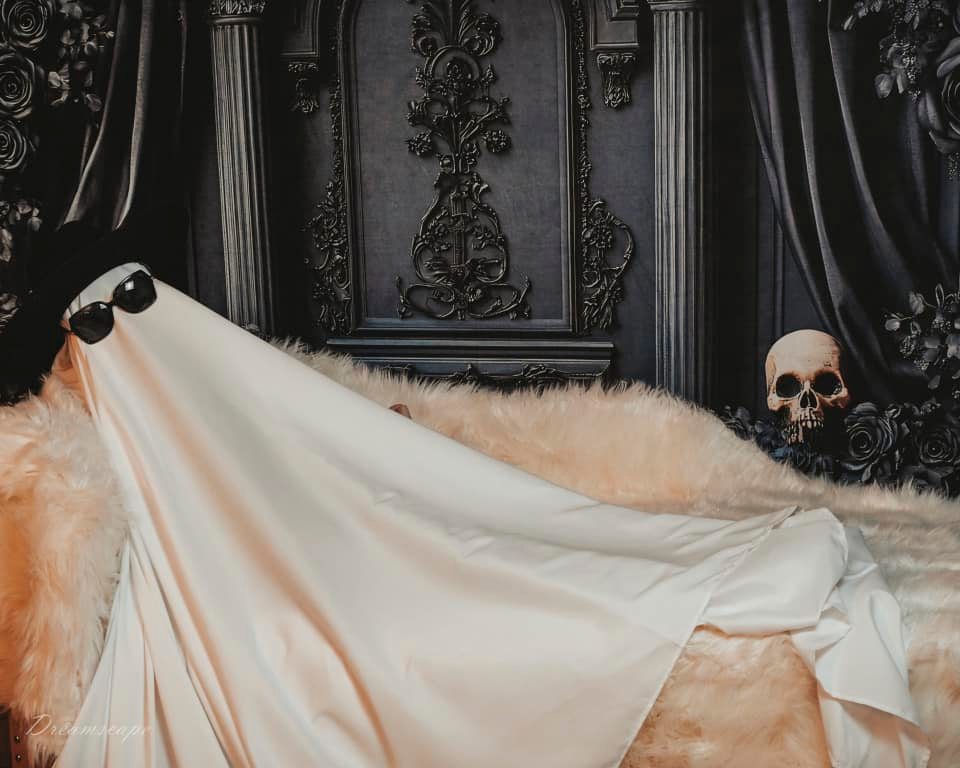 Toile de Fond Mur Rétro et Rideau Noir avec Roses d'Halloween RR8-381
