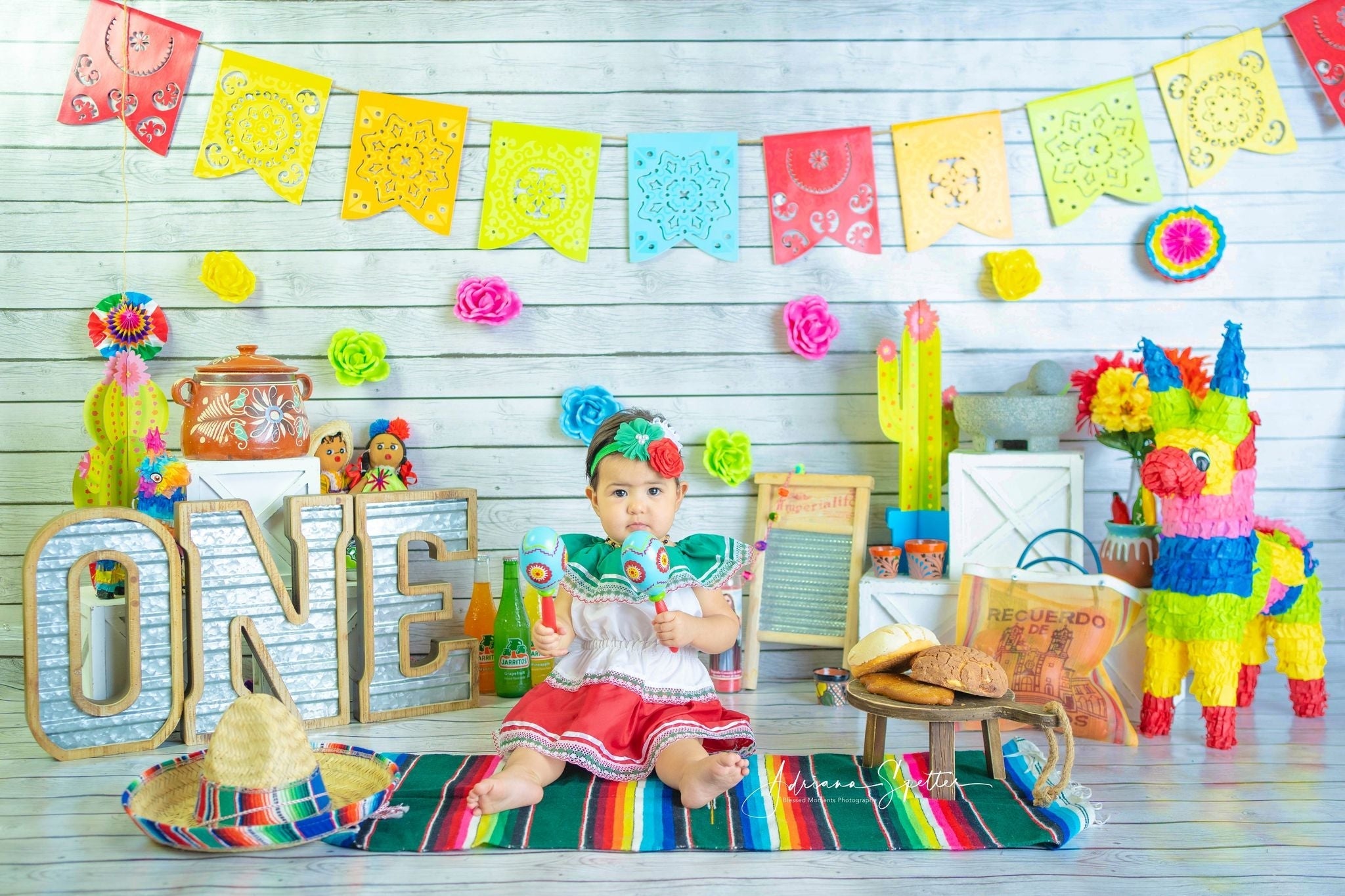 Fond pour 1er anniversaire Guirlandes florales colorées Drapeaux Fond pour cake smash MRR10-46