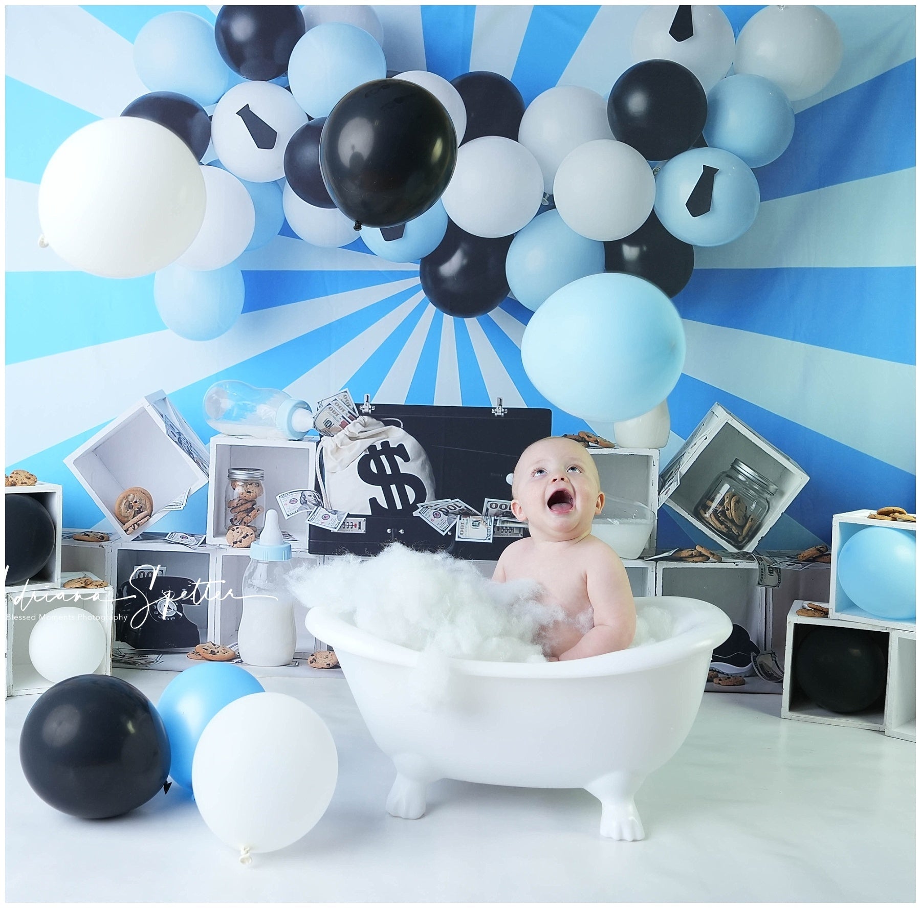 Fond pour cake smash Thème argent bébé Fond d'anniversaire MRR10-47