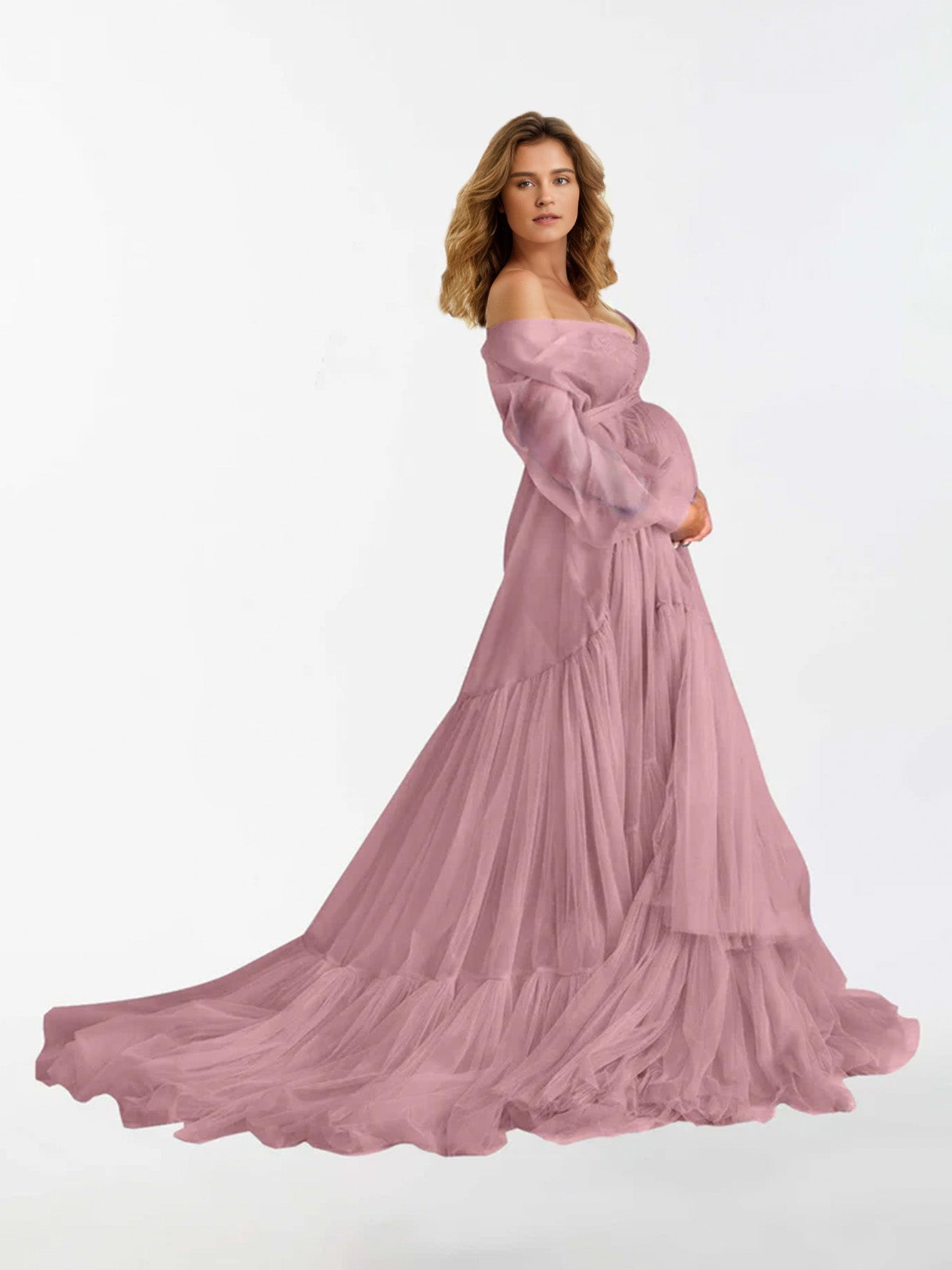 Robe de maternité à manches longues à volants et col en V pour la photographie RB3