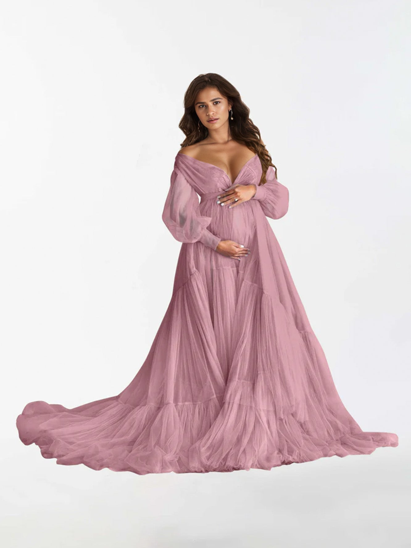 Robe de maternité à manches longues à volants et col en V pour la photographie RB3
