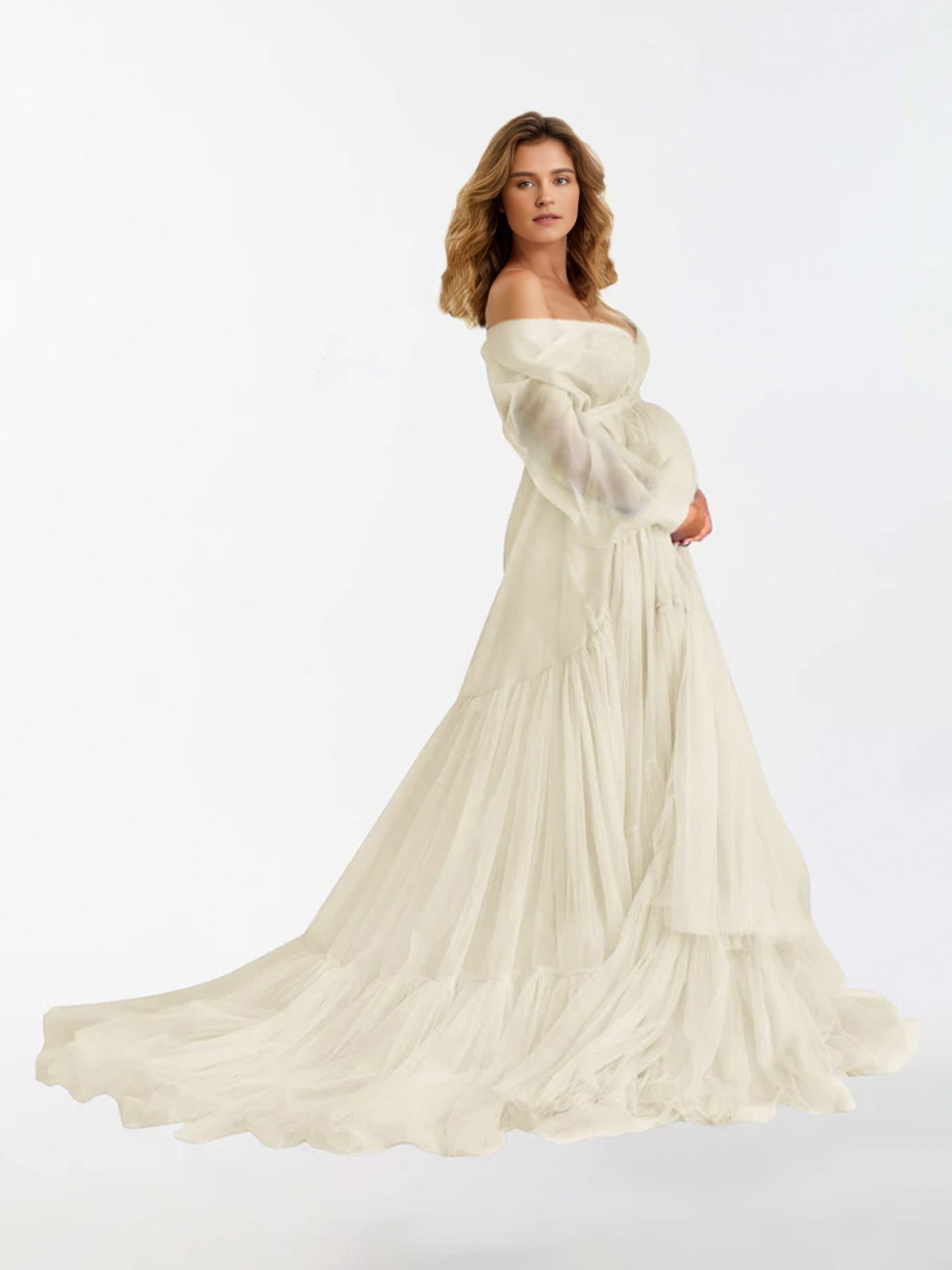 Robe de maternité à manches longues à volants et col en V pour la photographie RB3