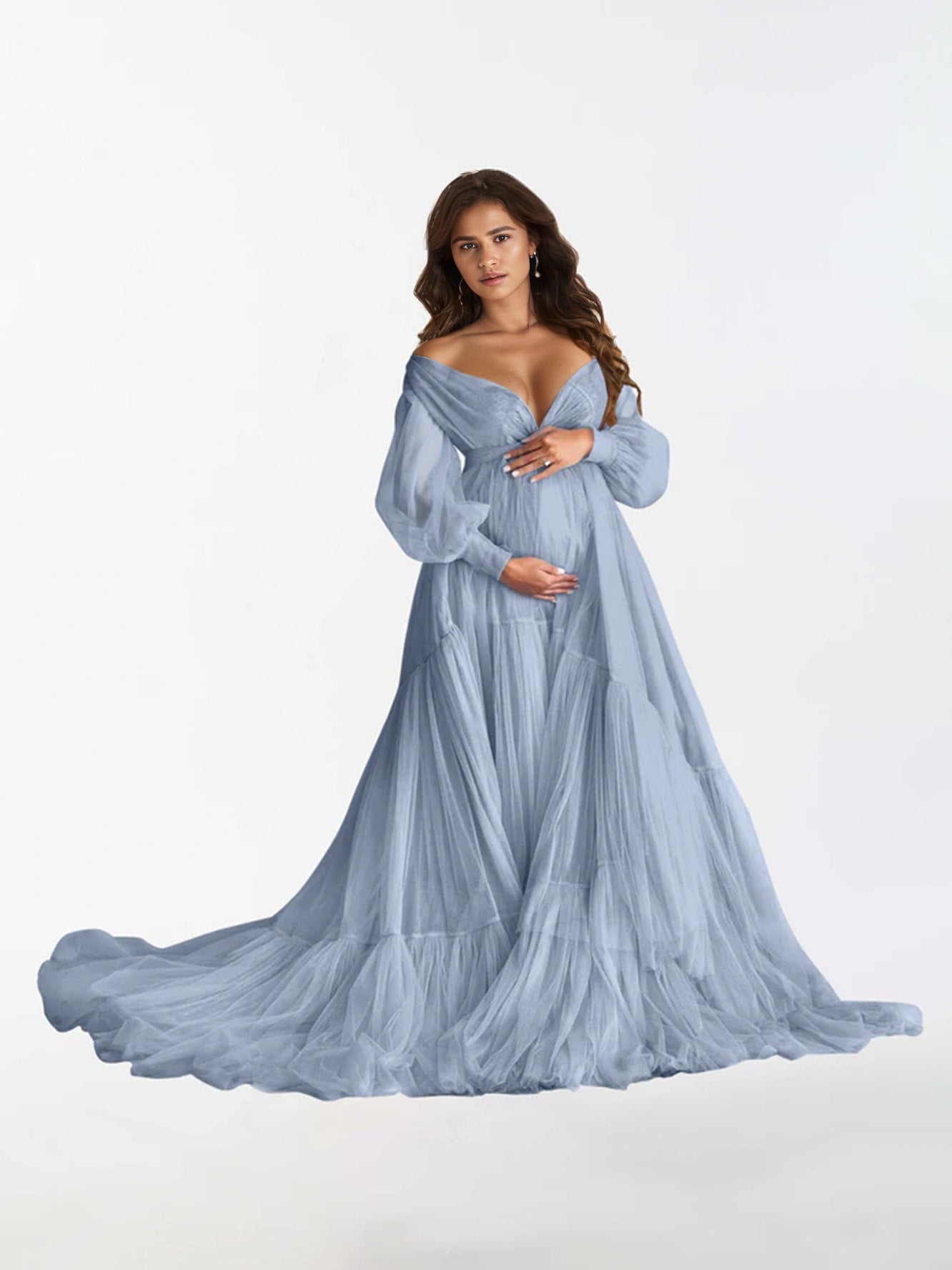 Robe de maternité à manches longues à volants et col en V pour la photographie RB3