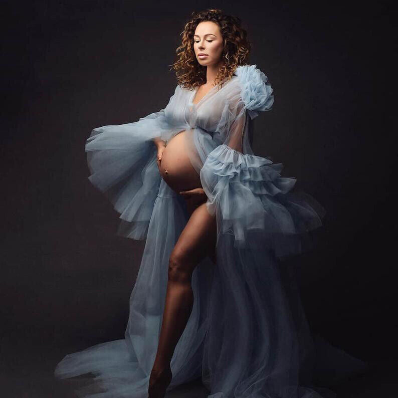 Robe de Maternité en Tulle avec Manches de Princesse Magnifiques et Col en V RB15