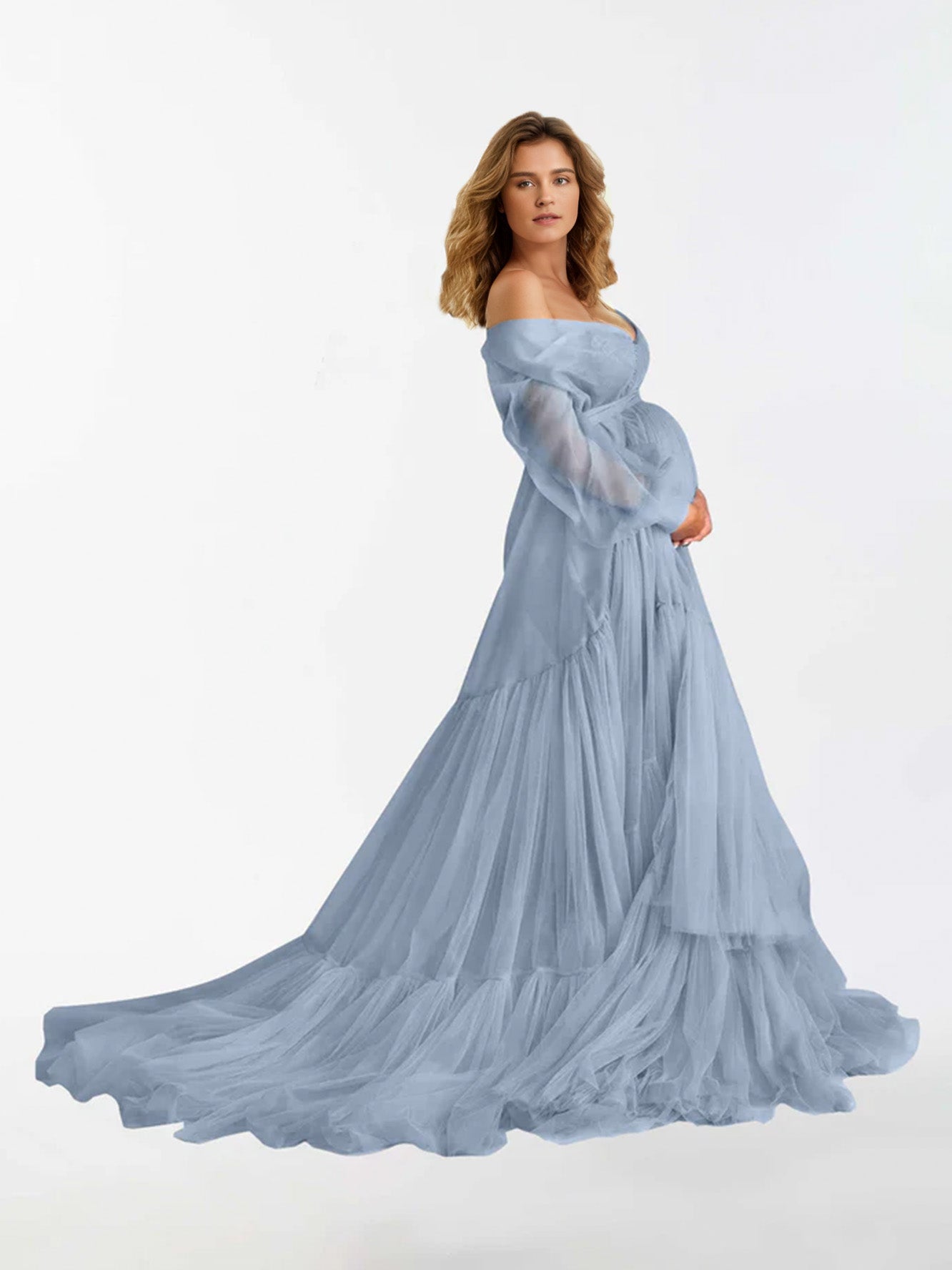Robe de maternité à manches longues à volants et col en V pour la photographie RB3