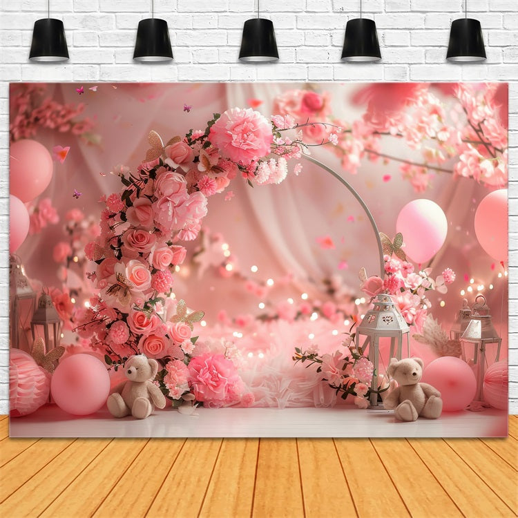 Toile de Fond St-Valentin Arche Florale Rêveuse de Fleurs et Ours BRP1-113