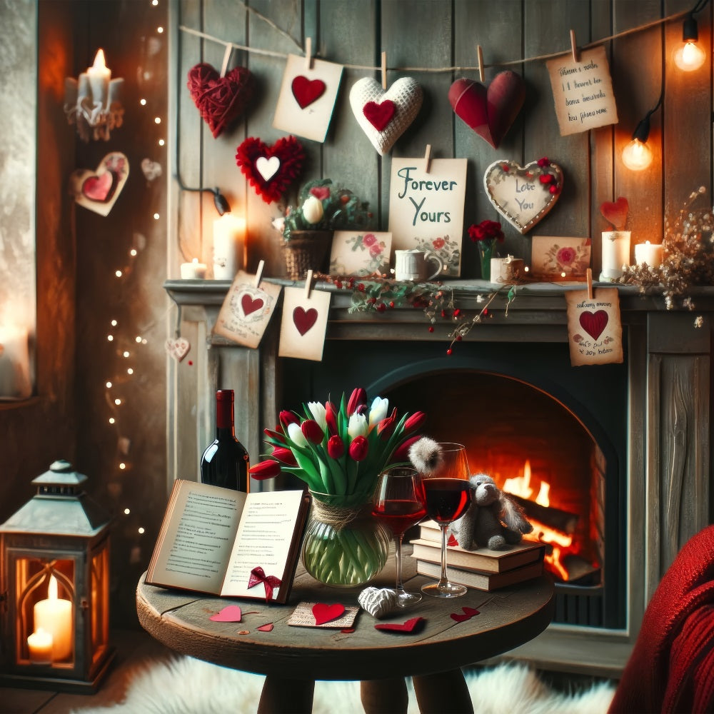 Toile de Fond St-Valentin Cheminée Rustique Notes d'Amour BRP1-135