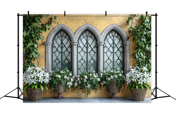 Fond Photo Printemps Lys Blanc Panier Fenêtre en Pierre BRP1-16