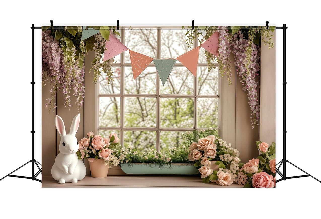 Fond Studio Photo Pâques Fenêtre Fleurie Lapin Printemps BRP1-251