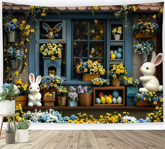 Fond Studio Photo Pâques Œufs Jaunes Fleurissant Lapin Bleu BRP1-254