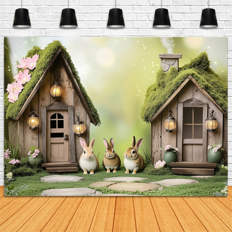 Fond Studio Photo Pâques Maisons Lapins Recouvertes de Mousse BRP1-260