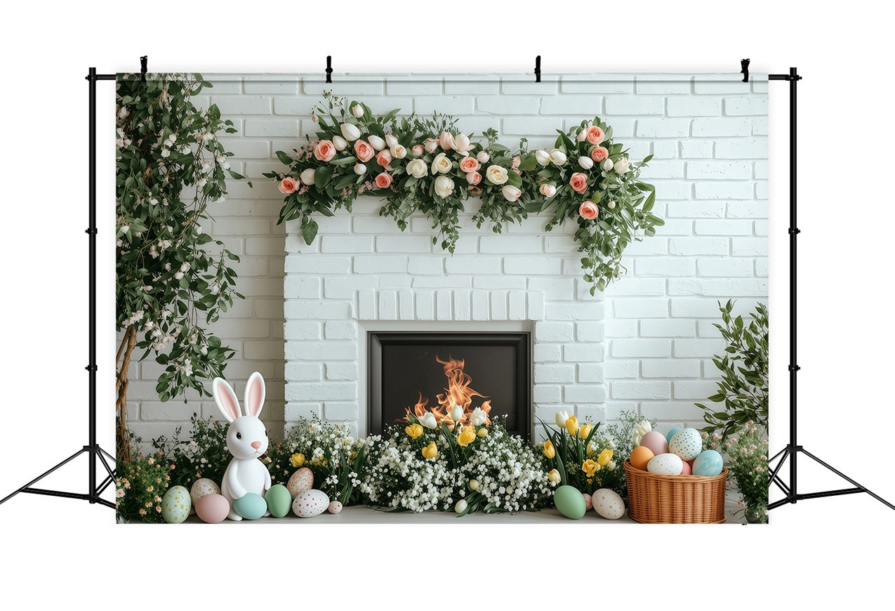 Toile de fond Pâques Cheminée Brique Blanche Fleurissant BRP1-269