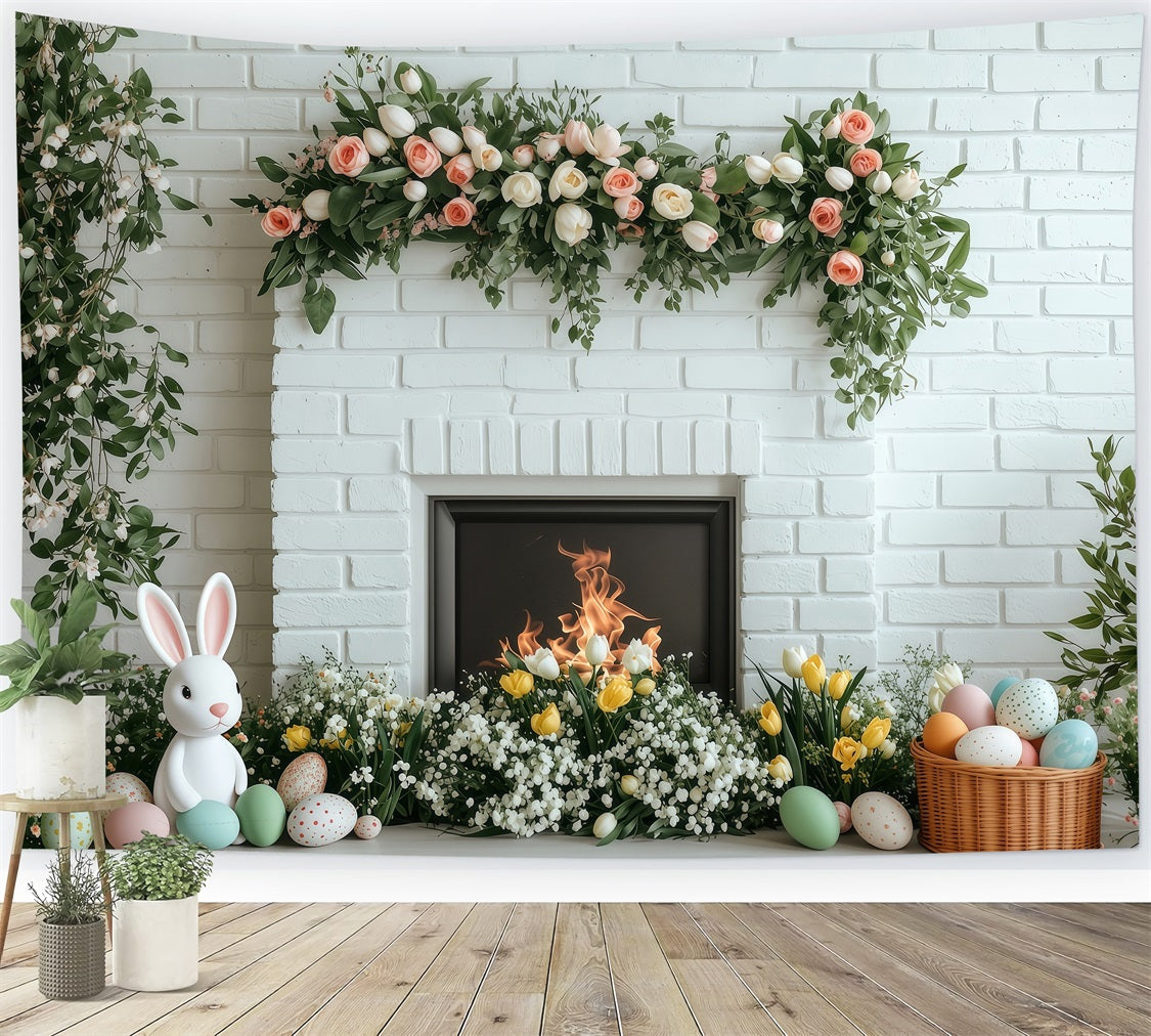 Toile de fond Pâques Cheminée Brique Blanche Fleurissant BRP1-269