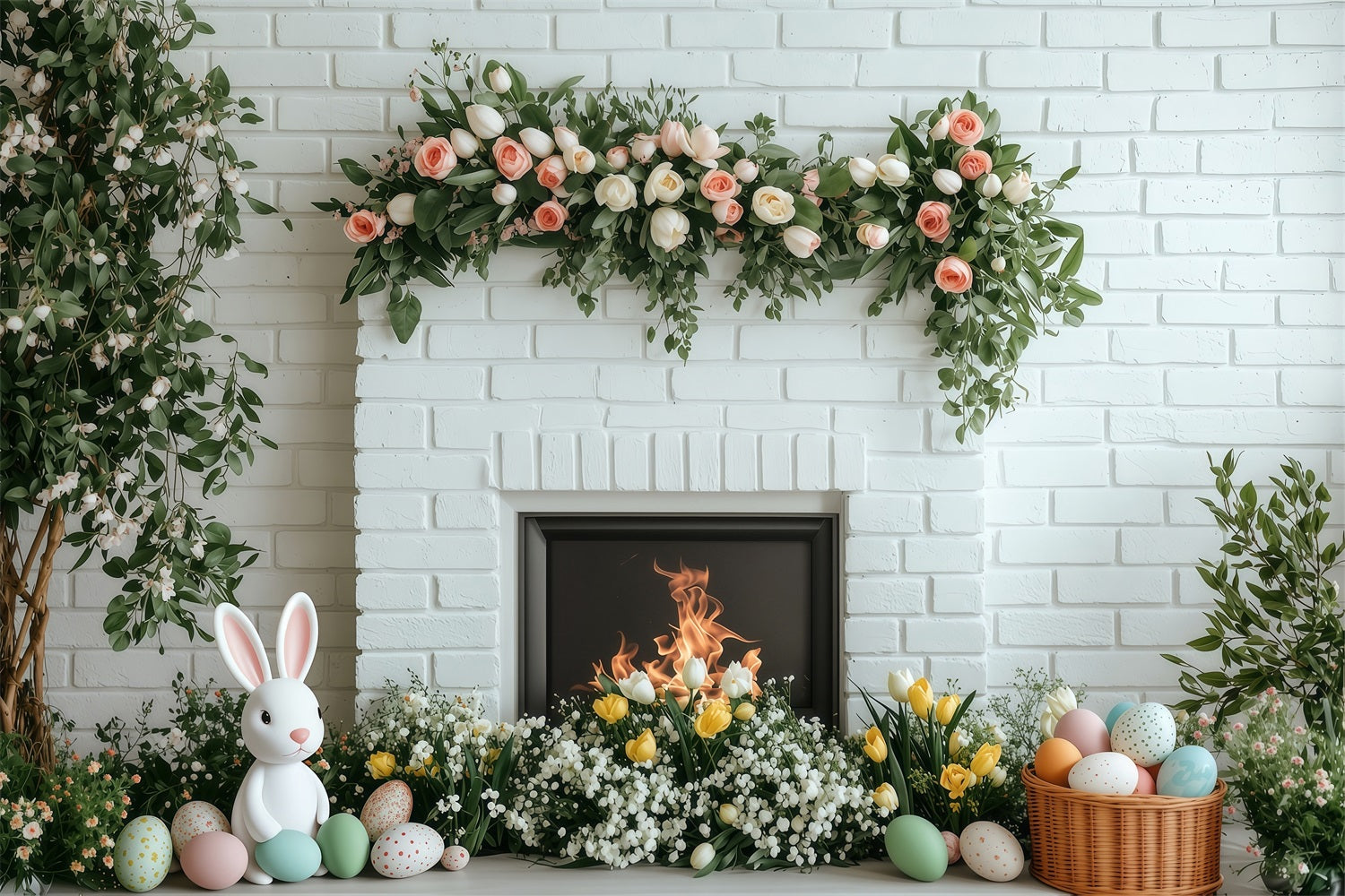 Toile de fond Pâques Cheminée Brique Blanche Fleurissant BRP1-269