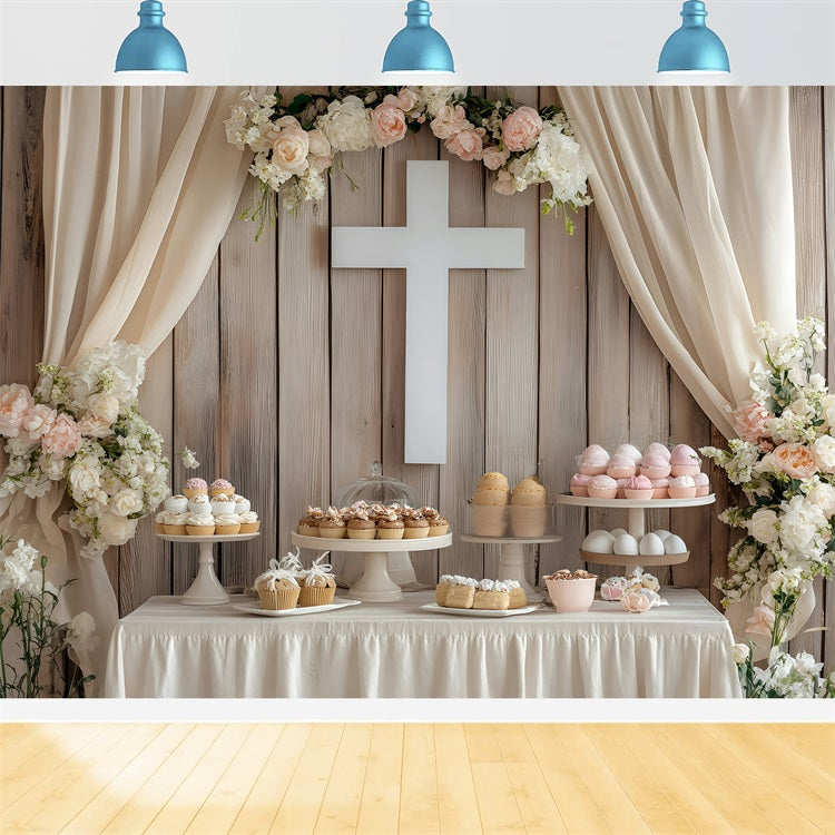 Toile de fond Pâques Cupcakes Pastel Table Dessert Croix BRP1-308