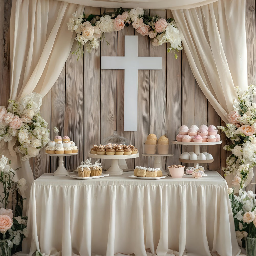 Toile de fond Pâques Cupcakes Pastel Table Dessert Croix BRP1-308