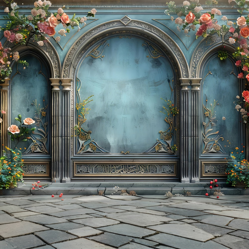 Toile de fond Mur de Fleur Arche Bleue Romantique Élégante BRP1-354