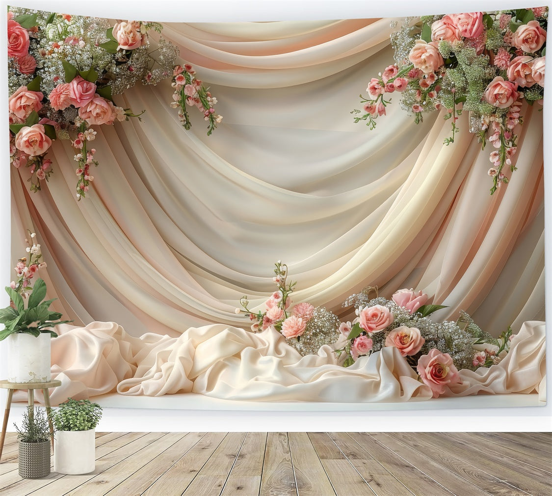 Toile de fond Mur de Fleur Drapé Satin Crème Roses BRP1-359