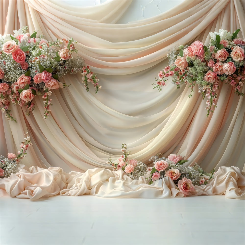 Toile de fond Mur de Fleur Drapé Satin Crème Roses BRP1-359