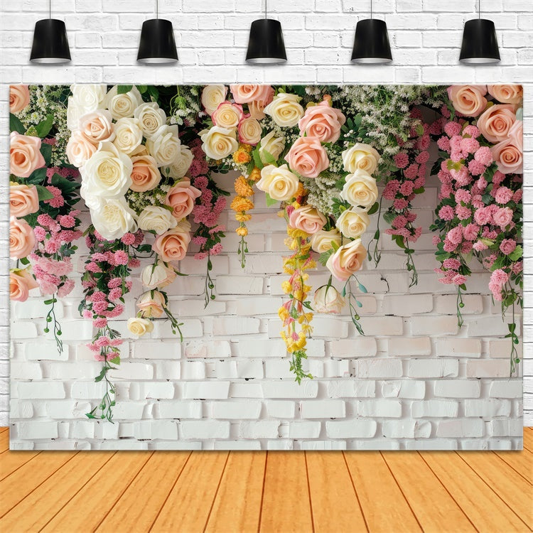 Toile de fond Mur de Fleur Roses Gracieuses Blanc Rustique BRP1-371