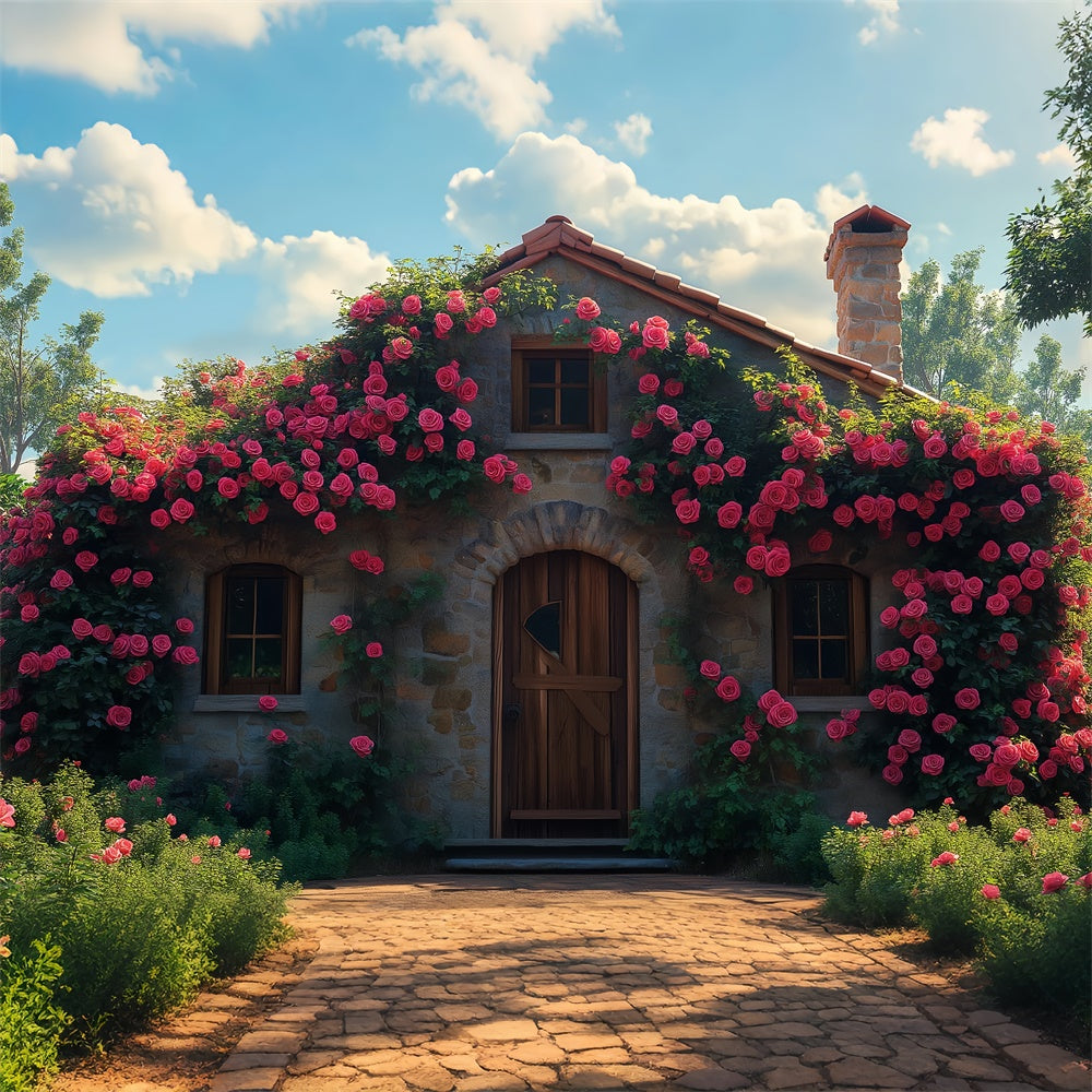 Fond Floral Cottage Rustique Pierre Roses BRP1-382