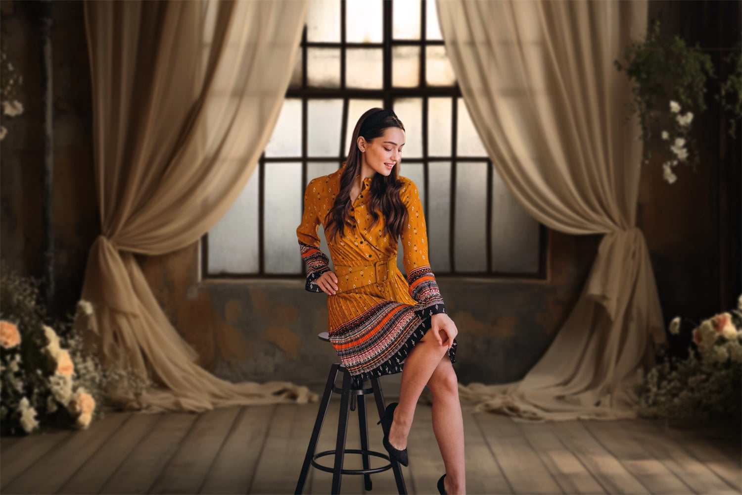 Toile de fond Boudoir Fenêtre Rideaux Beiges Fleurs BRP1-488