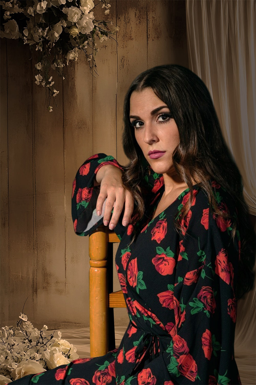 Toile de fond Boudoir Rose Blanche Rideau Beige BRP1-494