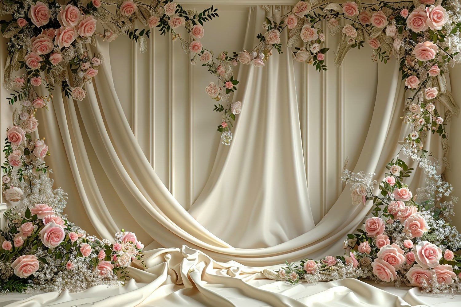 Toile de fond Florale Rideau Crème Roses Épanouies BRP1-501