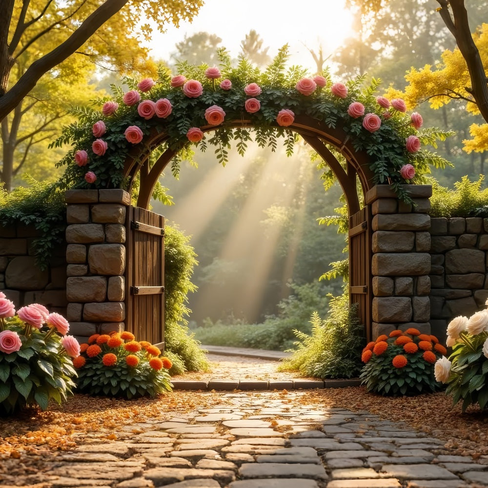 Fond Fleuri Arche en Pierre Chargée de Roses BRP1-514
