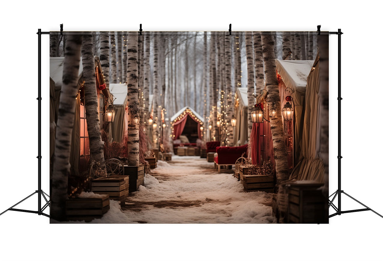 Toile de fond Nuit hivernale magique chemin forêt cabanes BRP10-1