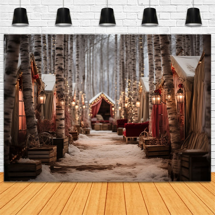Toile de fond Nuit hivernale magique chemin forêt cabanes BRP10-1