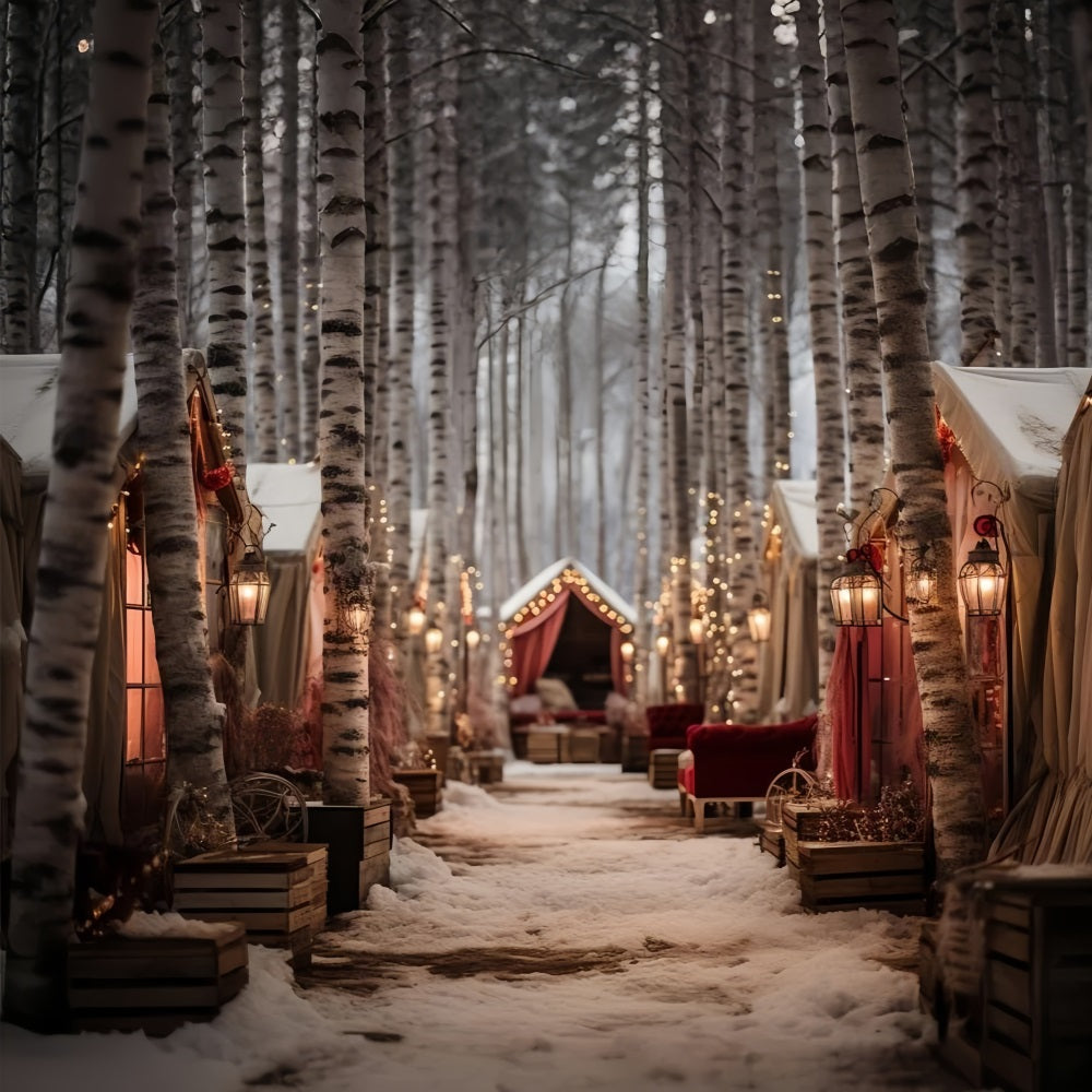 Toile de fond Nuit hivernale magique chemin forêt cabanes BRP10-1