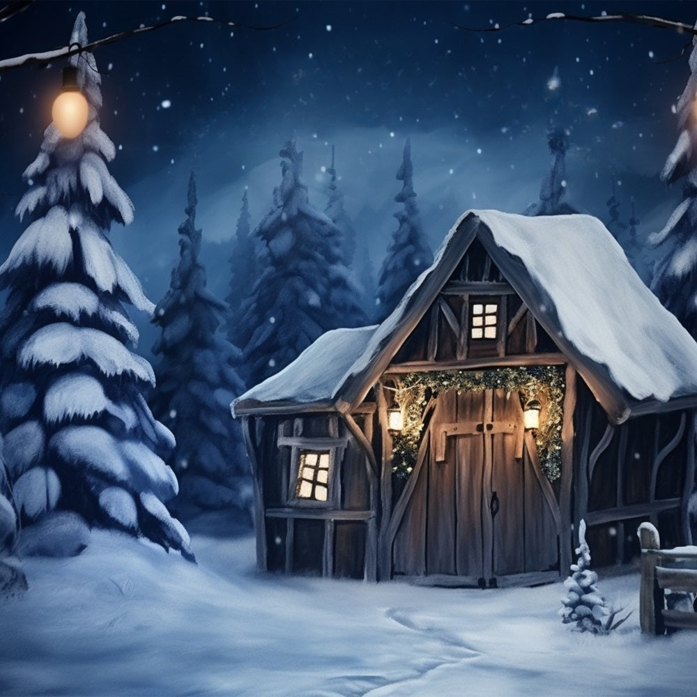 Toile de fond Cabane rustique au milieu des pins enneigés BRP10-10