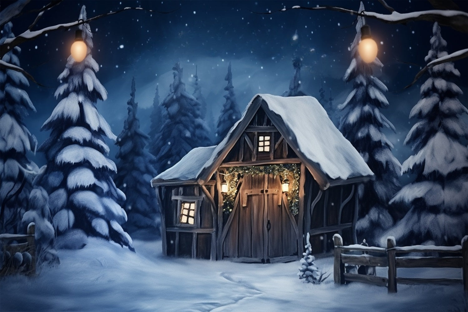 Toile de fond Cabane rustique au milieu des pins enneigés BRP10-10