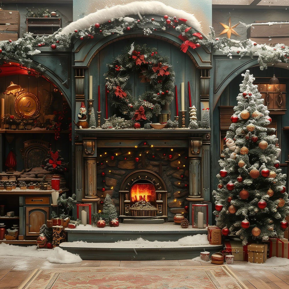 Noël Toile de fond Cheminée Arbre décoré BRP10-129