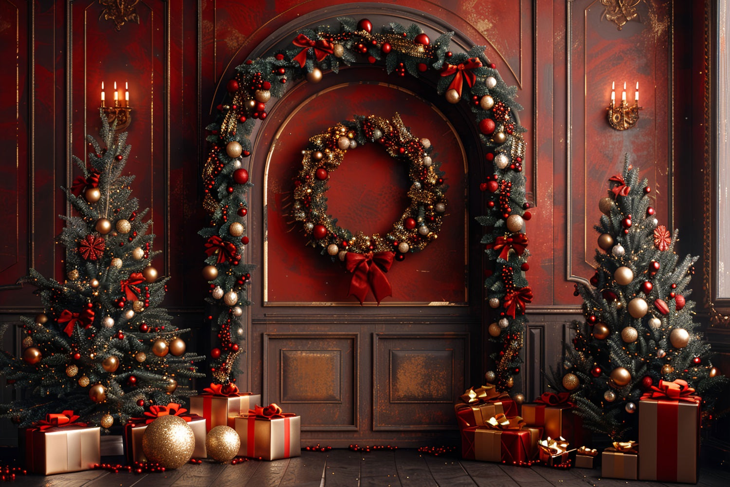 Noël Toile de fond Mur rouge Arbres Cadeaux BRP10-138