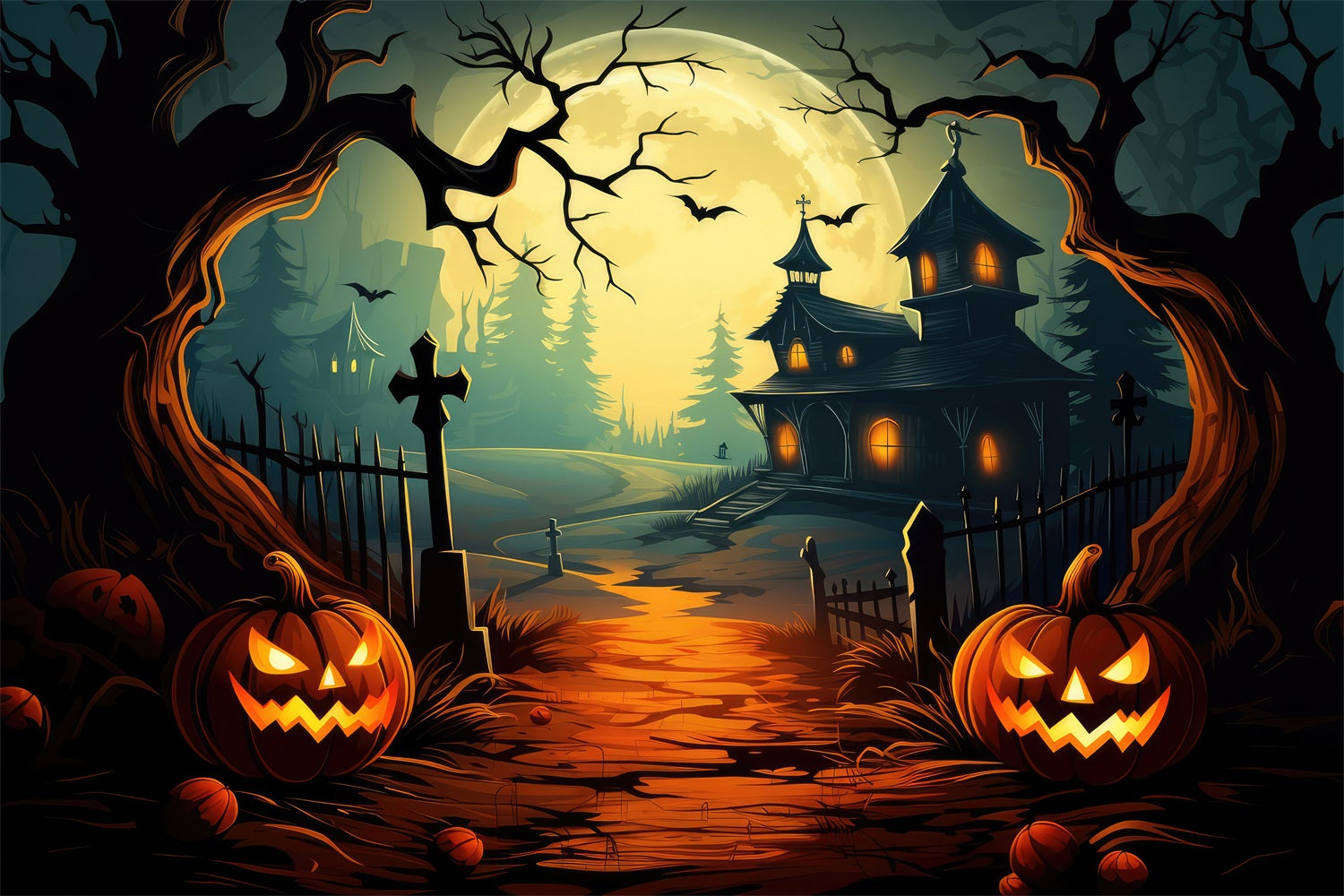 Halloween Toile de fond Chemin Maison hantée avec citrouilles et lune BRP10-206